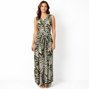 Talbots Dress Womens Small Green Floral Sleeveless Maxi Shirt Tie Waist Tropical